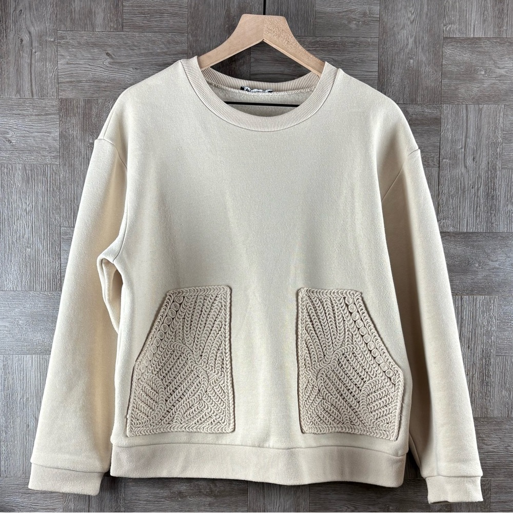 ZARA Women’s Light Beige Round Neck Sweatshirt Tricot Patch Pockets Size Medium - Picture 6 of 15
